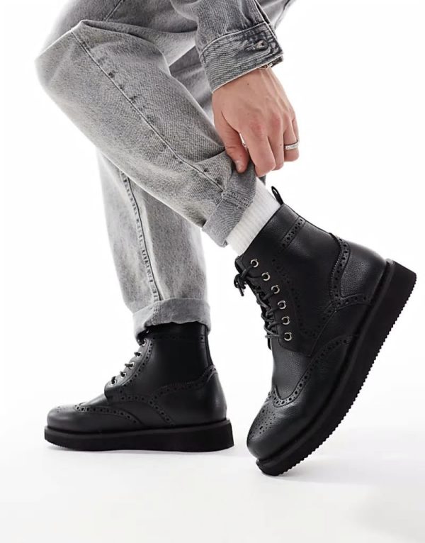 lace up brogue boots in black with wedge sole