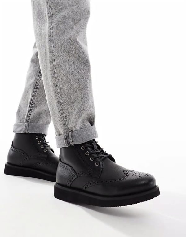 lace up brogue boots in black with wedge sole - Image 2