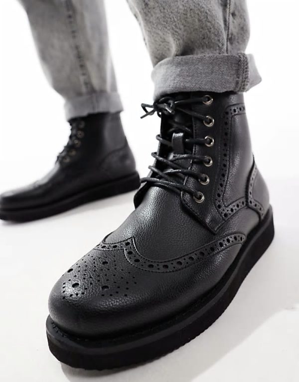 lace up brogue boots in black with wedge sole - Image 3