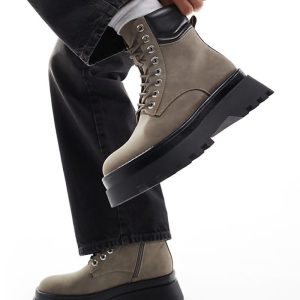 lace up worker boots in grey with chunky sole