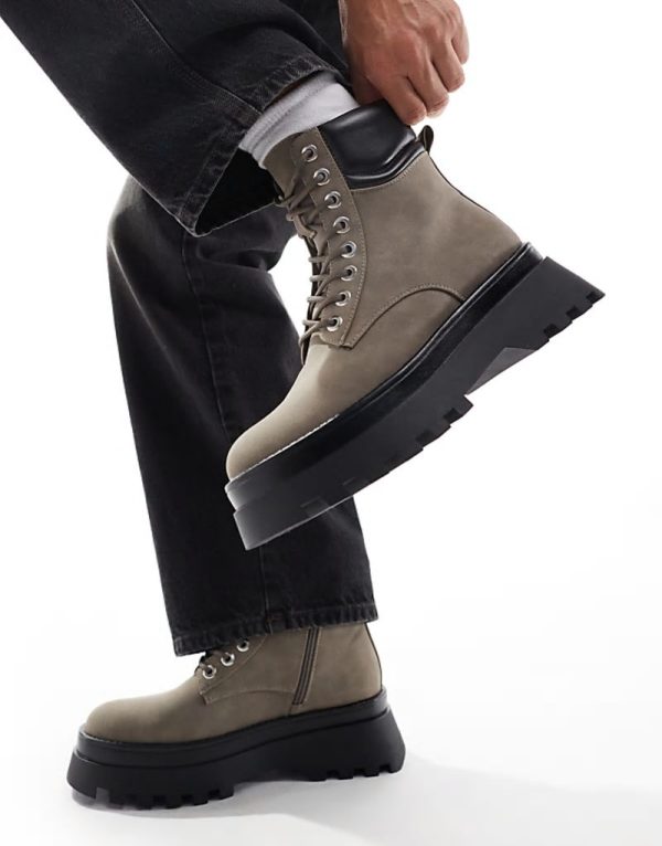 lace up worker boots in grey with chunky sole