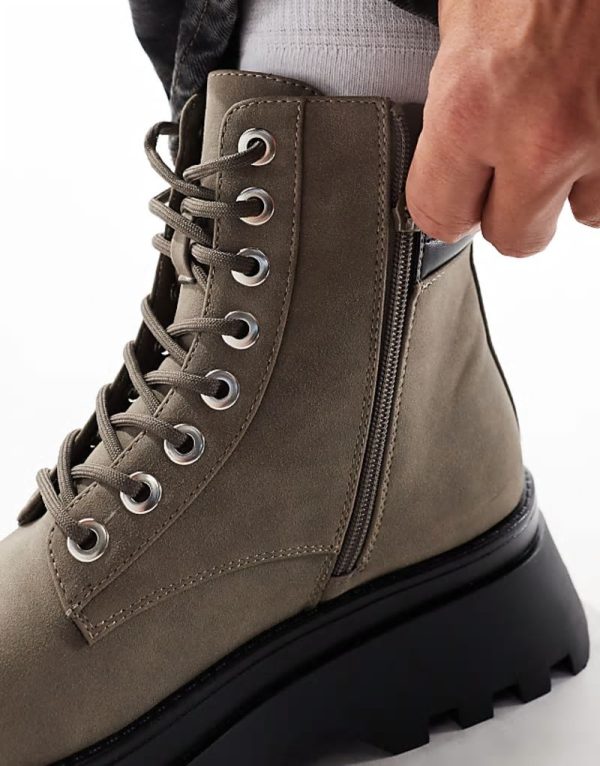 lace up worker boots in grey with chunky sole - Image 2