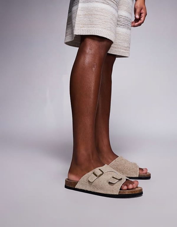 slider sandals in stone hairy suede - Image 2