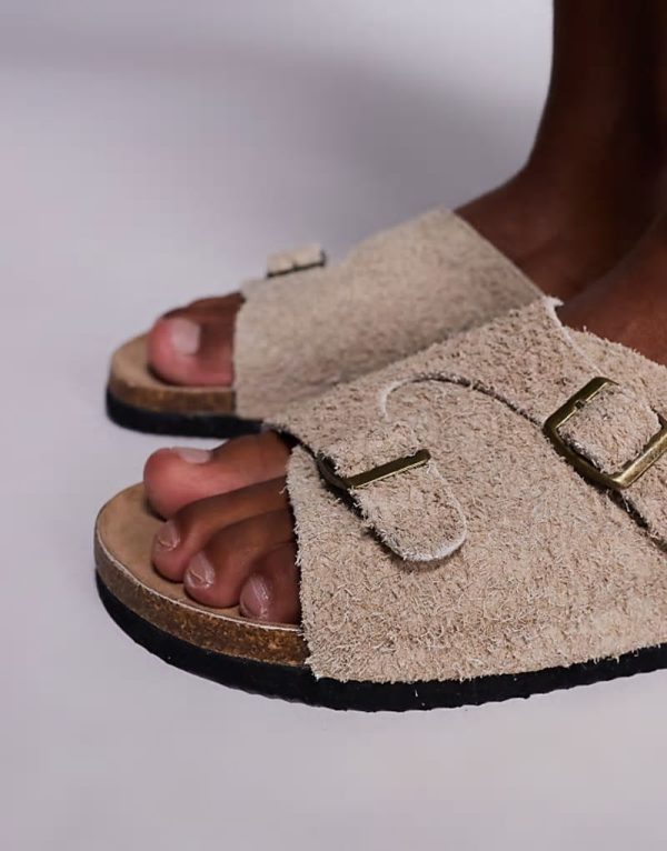 slider sandals in stone hairy suede - Image 4