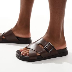 Summit buckle footbed sandals in brown leather