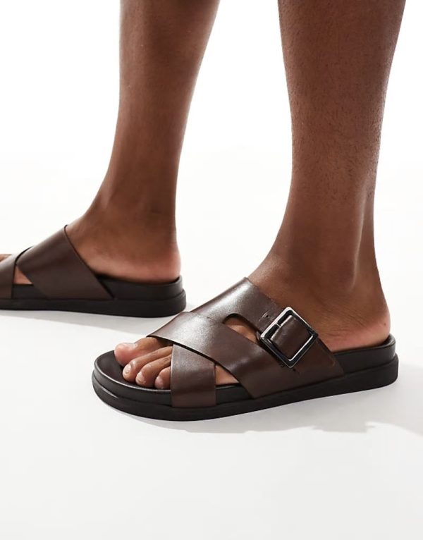 Summit buckle footbed sandals in brown leather